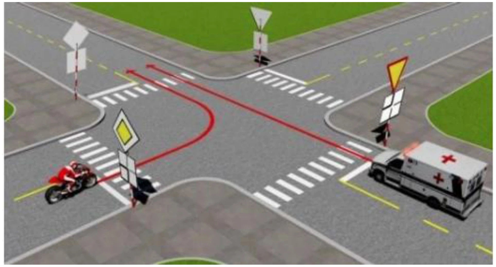 Hình minh họa Câu 495: Xe nào được quyền đi trước trong trường hợp này?