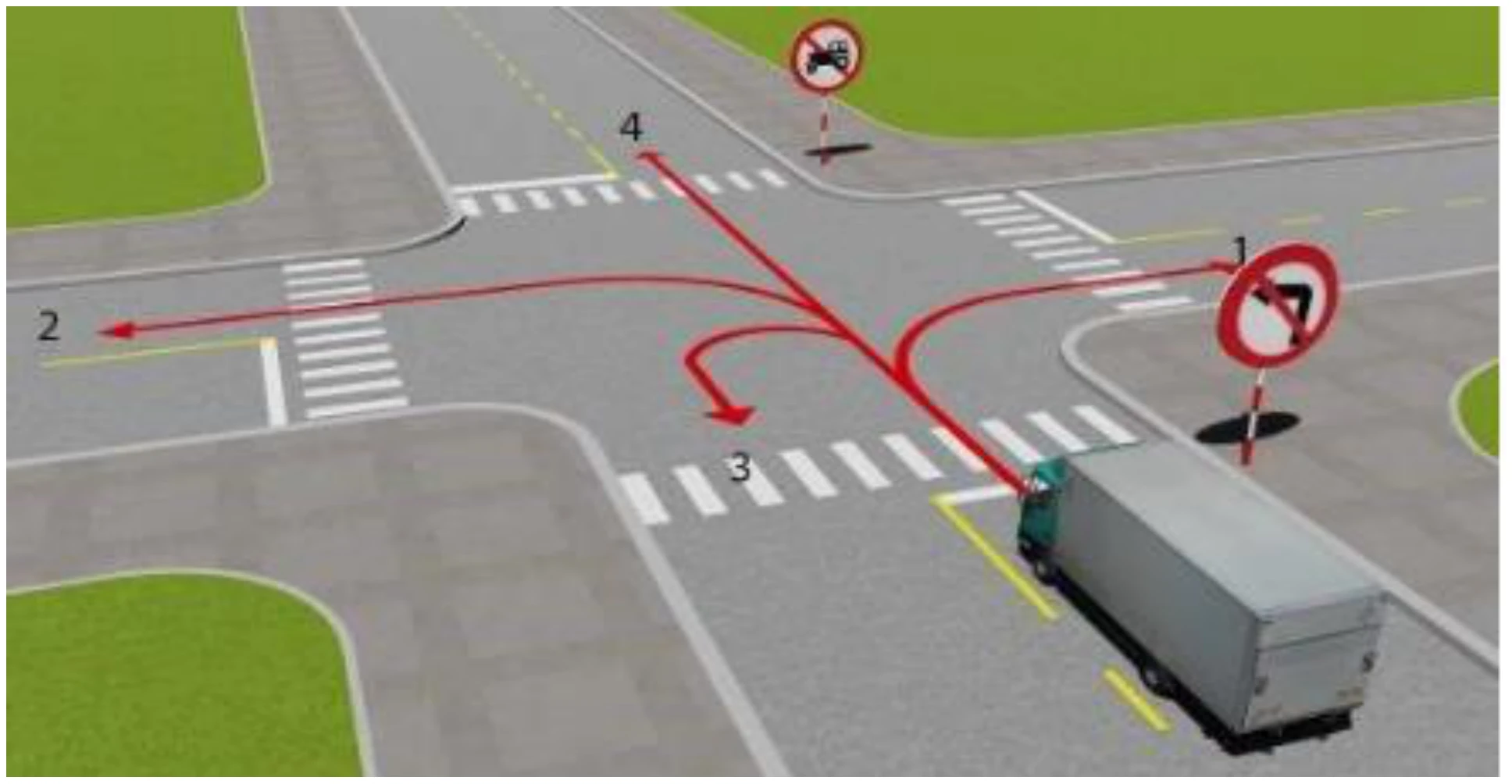 Hình minh họa Câu 537: Những hướng nào ô tô tải được phép đi?