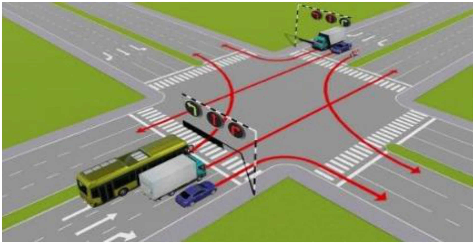 Hình minh họa Câu 565: Các xe đi theo hướng mũi tên, xe nào chấp hành đúng quy tắc giao thông?